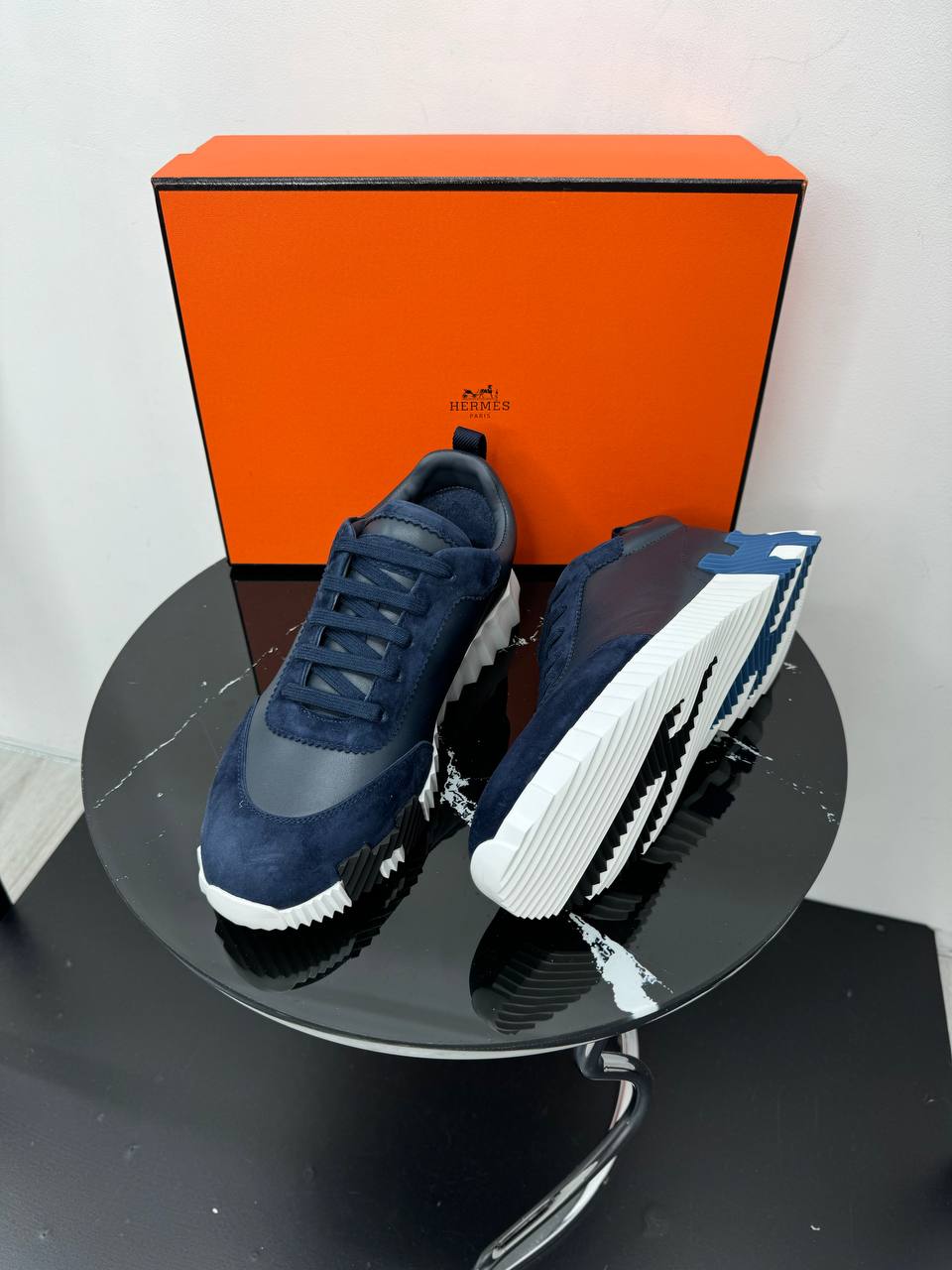 Кожаные кроссовки Hermes синие PR7764 Кожаные кроссовки Hermes синие PR7764